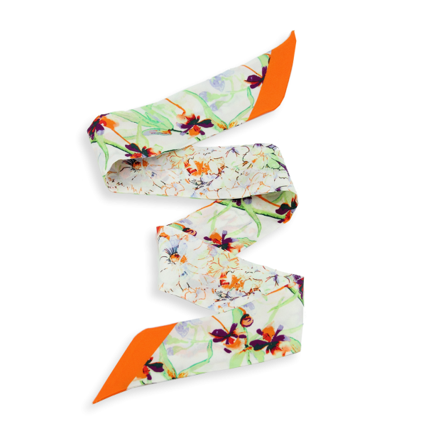 Ruban-imprimé-twill soie bio-orange-Aquarelle
