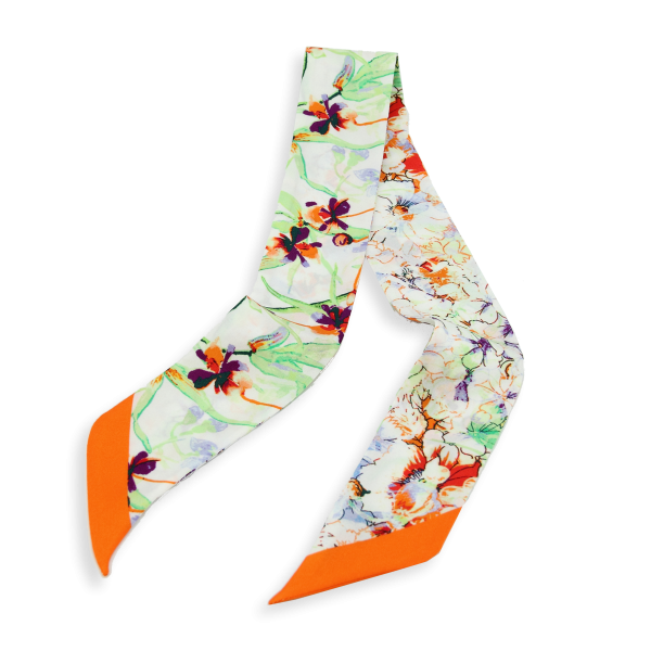Ruban-imprimé-twill soie bio-orange-Aquarelle