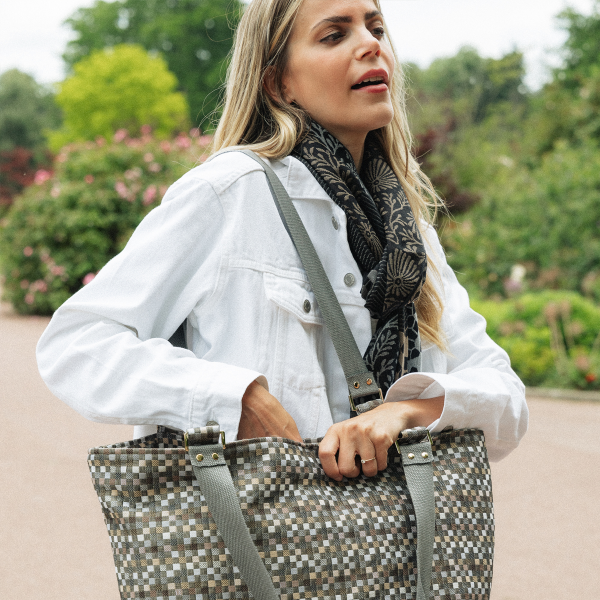 Beige Vichy tote bag cotton and linen 