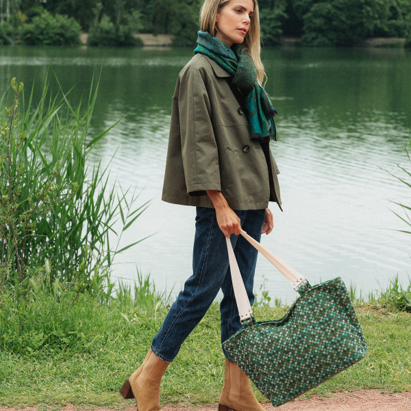 Green Vichy tote bag cotton and linen 