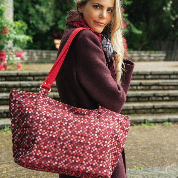 Red Vichy tote bag cotton and linen 