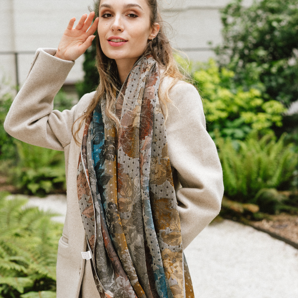 Golden-turquoise-silk-wool-women’s-stole-flower-power