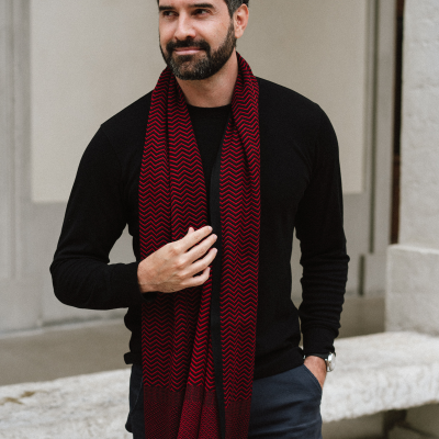 BLACK and RED, MERINO WOOL and SILK BLEND SCARF - SPORTY