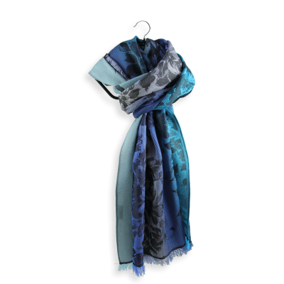 BLUE and TURQUOISE, MERINO WOOL and SILK WOMEN'S STOLE - ROMANTIQUE