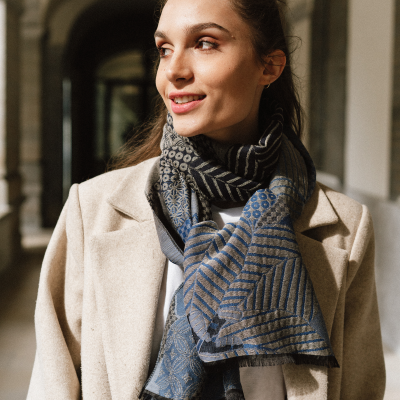 BLUE GRAY COLORED, MERINO WOOL SILK and COTON BLEND STOLE - AMOUR