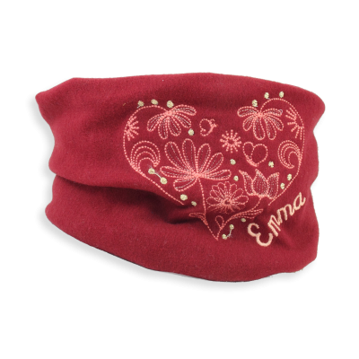 CHILDREN'S EMBROIDERED ORGANIC COTTON RED BORDEAUX COLORED SCARF - ROMANTIC HEART