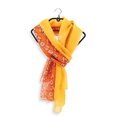 DUO de SOIE MOTIF FLEUR MEDAILLON ORANGE et UNI JAUNE OR