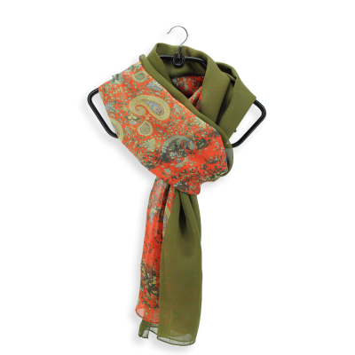 DUO de SOIE MOTIF PALME CACHEMIRE ORANGE et UNI KAKI