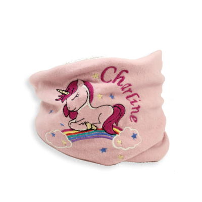 ECHARPE ENFANT BRODEE COTON BIO ROSE - UNE LICORNE ET L' ARC EN CIEL