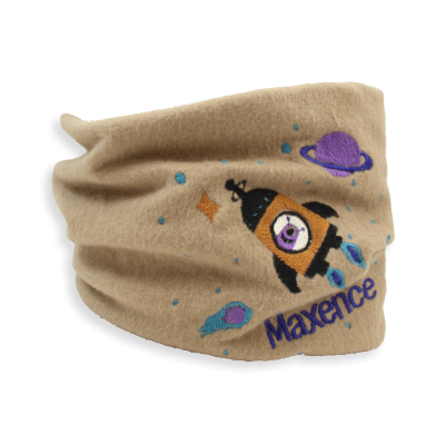 EMBROIDERED CHILDREN'S SCARF BEIGE IN ORGANIC COTTON - AN EXTRATERRESTRIAL IN THE ROCKET