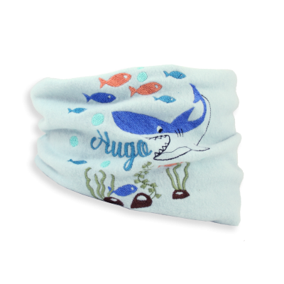EMBROIDERED CHILDREN'S SCARF LIGHT BLUE IN ORGANIC COTTON - A SHARK IN THE OCEAN
