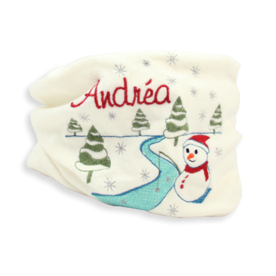 EMBROIDERED SCARF CHILD ORGANIC COTTON ECRU - A SNOWMAN IN THE FOREST