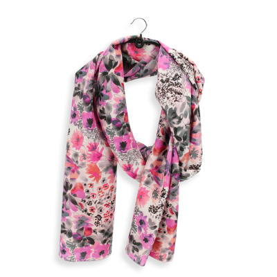 GRANDE ECHARPE SOIE IMPRIMEE ROSE - FLEURS PEINTES