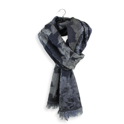 GRAY BLACK, MERINO WOOL and SILK BLEND STOLE - FLOWER POWER