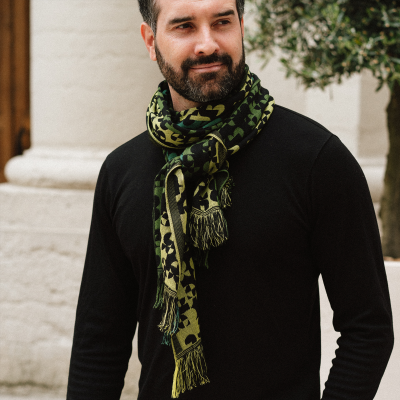 GREEN and BLACK, MERINO WOOL and RAYON BLEND SCARF - RUNNING