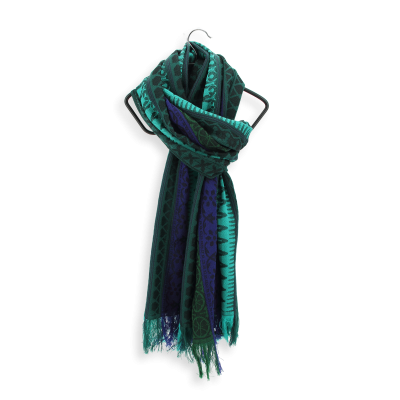 GREEN and TURQUOISE, MERINO WOOL and RAYON BLEND SCARF - PRECIEUX