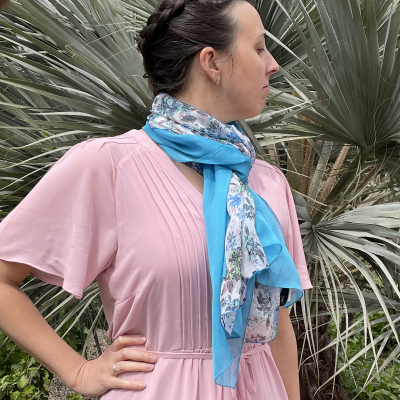 MATCHING SILK SCARVES IN A FLORAL ROMANTIQUE MOTIF and BLUE LAGOON MONOCHROME