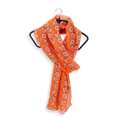 ORANGE SILK PRINTED SCARF - MOTIF MEDAILLON FLOWERS