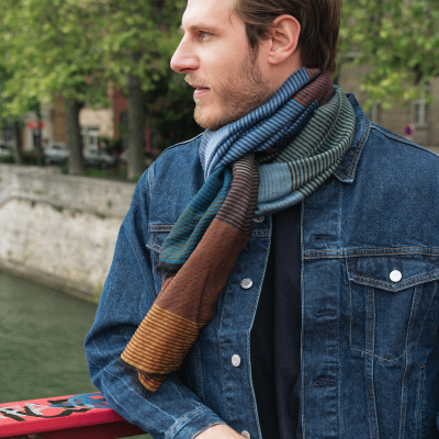 STOLE MERINO WOOL COTTON SILK BLUE BROWN - KALEIDA