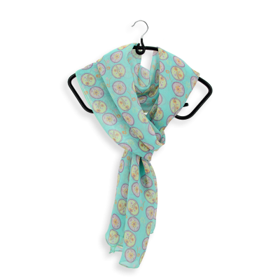 TURQUOISE SILK PRINTED SCARF - MOTIF MEDAILLON FLOWERS