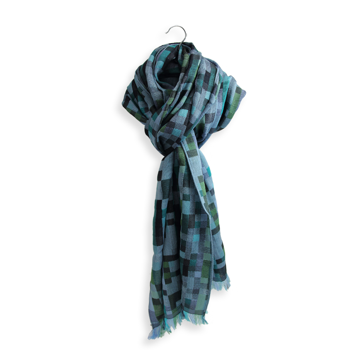Écharpe Homme Laine Et Soie Double – Bleu Motifs Rouge/jaune – Fabriqué En Italie