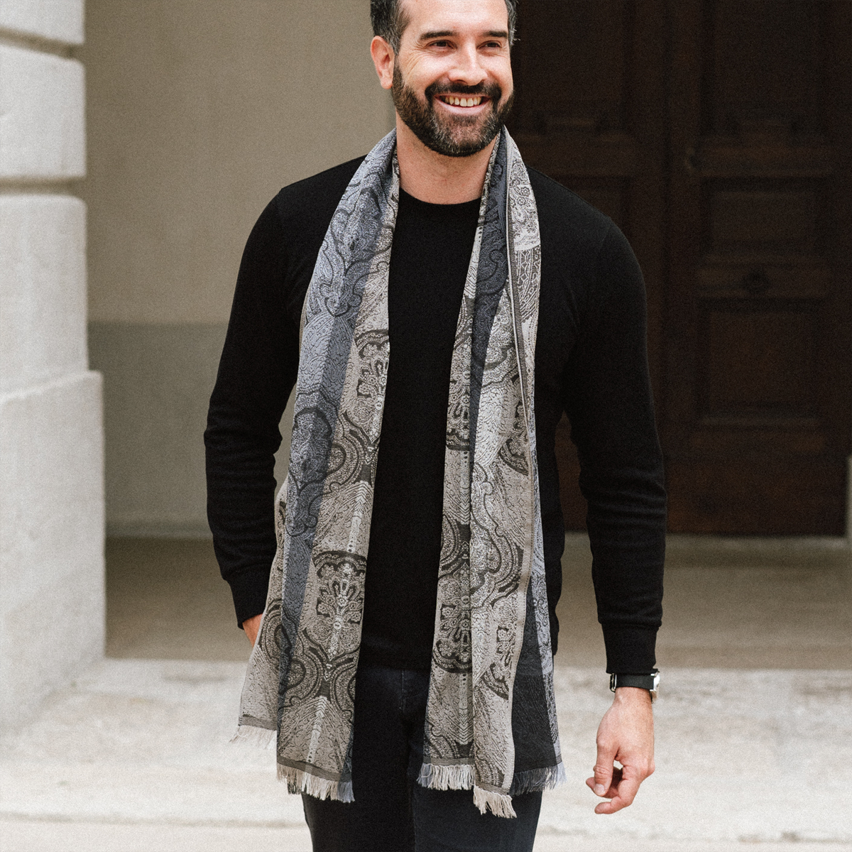 Beautiful gray silk and wool men's scarf | Ornamental cashmere style.
